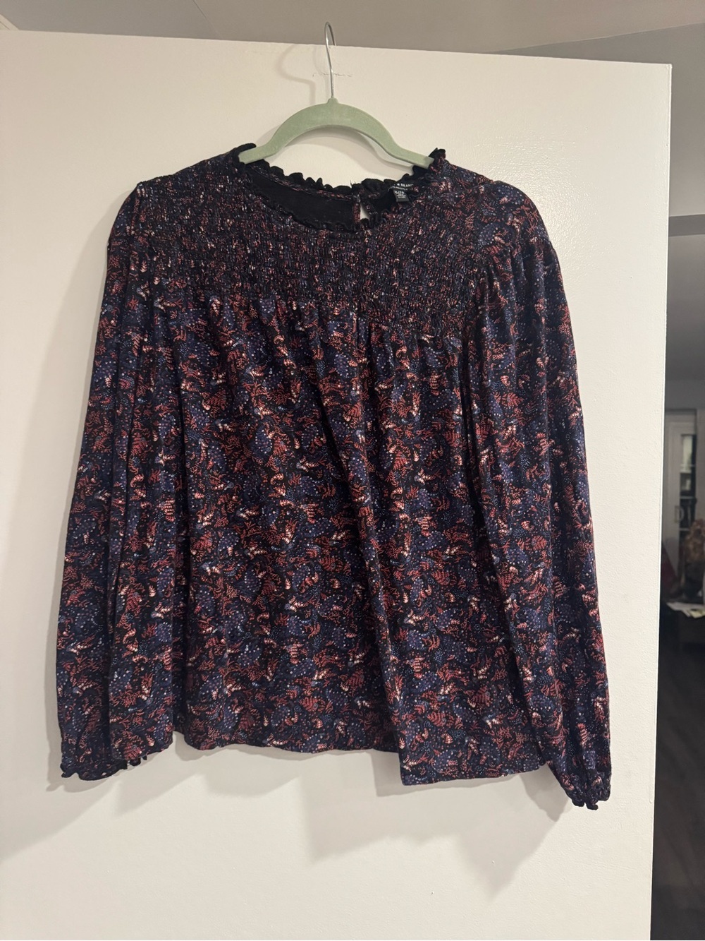 Lucky Brand Navy Long-Sleeve Floral Smocked Yoke Top- size xl